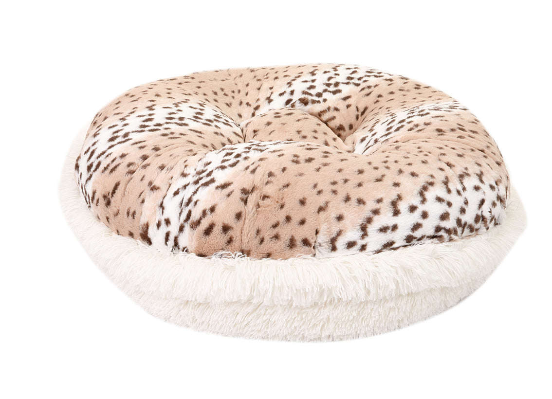 Snow Leopard & Cream Shag Bagel Bed